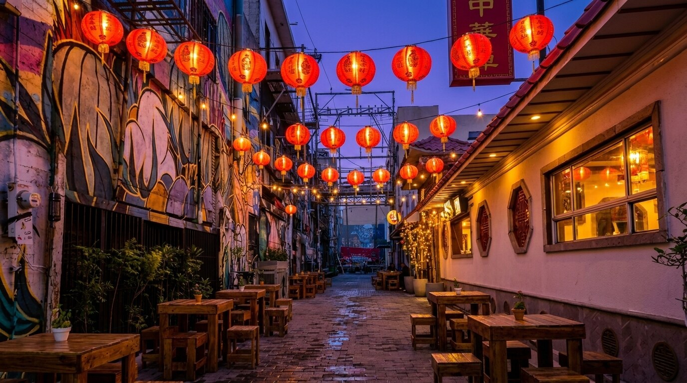 La Chinesca, el centro histórico de Mexicali, al atardecer